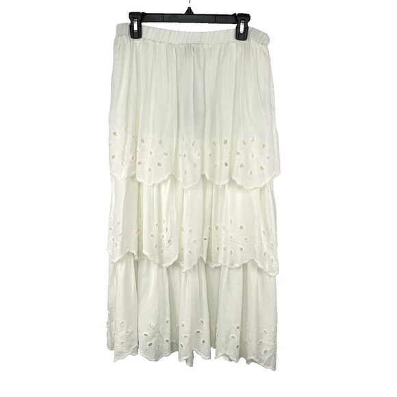 Cliche Size Medium Tiered White Long Eyelet Maxi Lined Skirt Elastic Waist - Picture 1 of 7